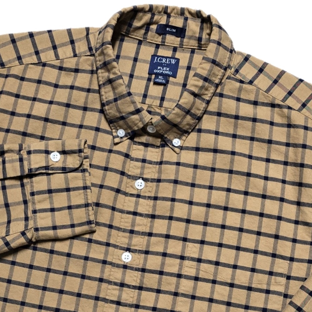 J Crew Flex Oxford‎ Shirt Mens XL Copper Tattersall Slim Long Sleeve Button Down